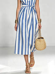 Resort Cotton Striped Belted Sundress Beach Maxi Dress