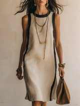 Effortless Coastal Elegance Flax Minimal Chic Black-Piped Shift  Midi Dress