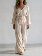 Boho Cotton Drawstring Waist Wide Leg Palazzo Jumpsuit