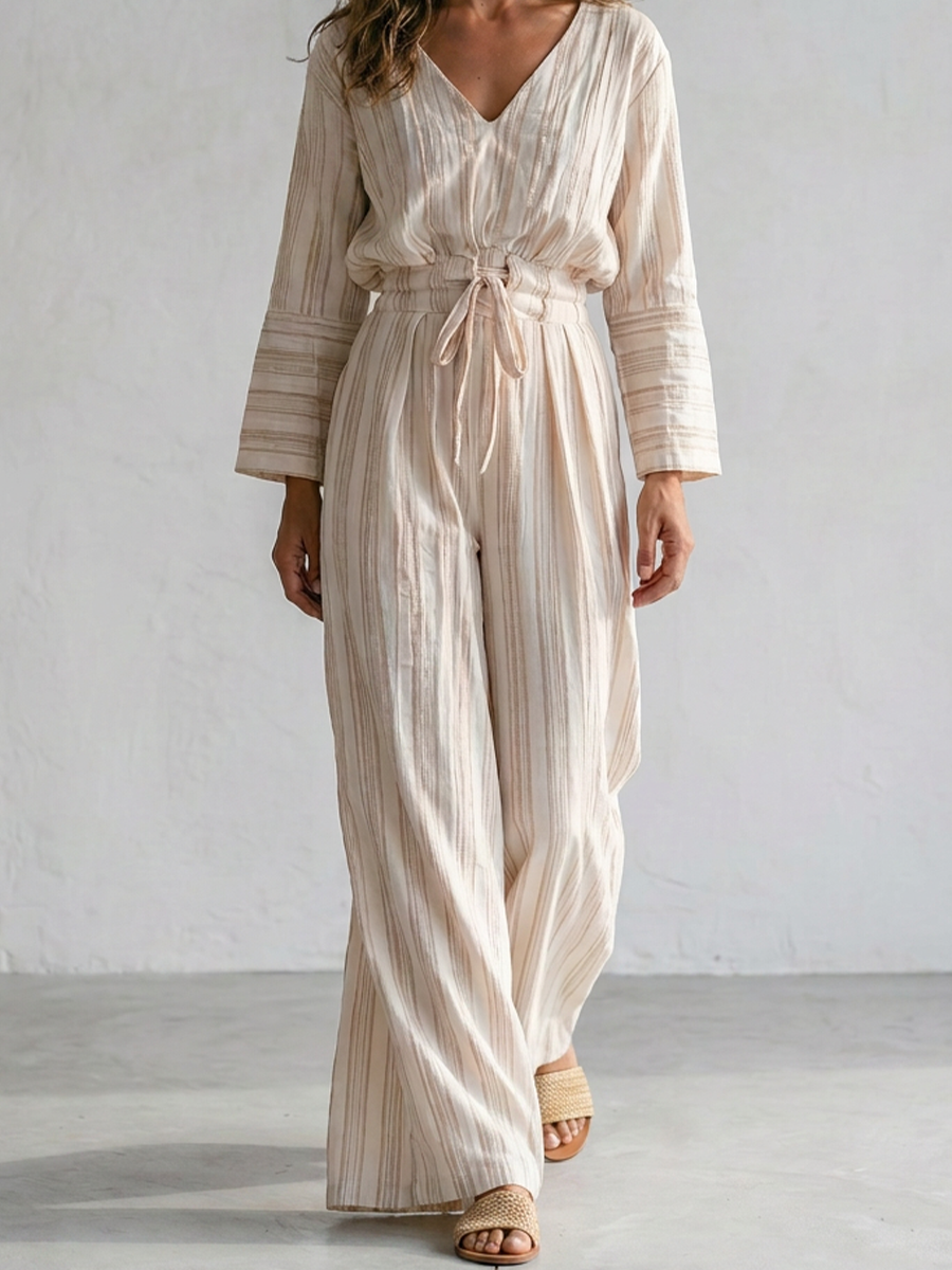 Boho Cotton Drawstring Waist Wide Leg Palazzo Jumpsuit
