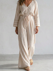 Boho Cotton Drawstring Waist Wide Leg Palazzo Jumpsuit