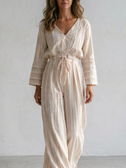 Boho Cotton Drawstring Waist Wide Leg Palazzo Jumpsuit