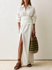 Elegant Long Sleeve Blouse With High-Slit Sarong Wrap Skirt Set