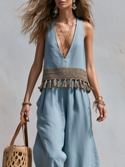 Bohemian Blue Tassel-Trimmed Top And Cropped Pants Set