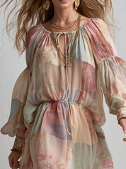 Romantic  Floral Waist Puff Sleeve Chiffon Mini Dress