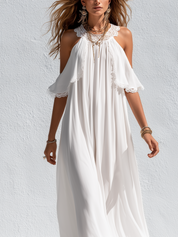 Bohemian White Lace Trimmed Flowing Maxi Dress