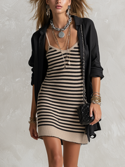 Casual Striped Knit Mini Dress Shirt Set