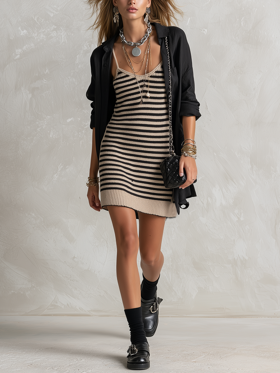 Casual Striped Knit Mini Dress Shirt Set