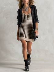 Casual Striped Knit Mini Dress Shirt Set