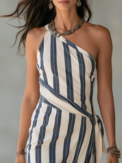 Refined Blue Striped One-Shoulder Wrap Midi Dress