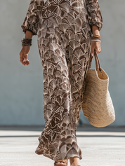 Elegant Cocoa Botanical Print Maxi Dress