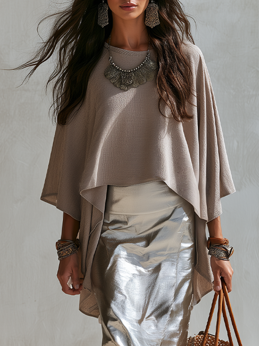 Sophisticated Taupe Draped Cape Top & Skirt Set