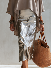 Sophisticated Taupe Draped Cape Top & Skirt Set