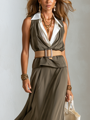 Bohemian Olive Green Lapel Maxi Dress