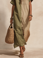 Effortless Coastal Elegance Olive & Sand Patchwork Button-Front Maxi Dress