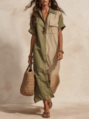 Effortless Coastal Elegance Olive & Sand Patchwork Button-Front Maxi Dress