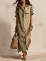 Effortless Coastal Elegance Olive & Sand Patchwork Button-Front Maxi Dress