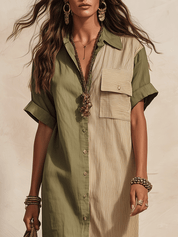 Effortless Coastal Elegance Olive & Sand Patchwork Button-Front Maxi Dress