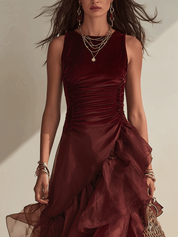 Effortless Coastal Elegance Wine Red Draped Tiered Hem Evening Maxi Dress