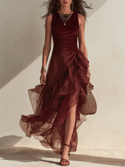 Effortless Coastal Elegance Wine Red Draped Tiered Hem Evening Maxi Dress