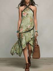 Bohemian Resort Sage Green Floral Halter Ruffle Midi Dress