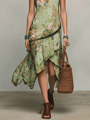 Bohemian Resort Sage Green Floral Halter Ruffle Midi Dress