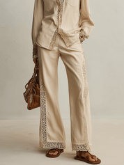 Bohemian Resort Sand Beige Lace-Trim Shirt & Wide-Leg Pants Set