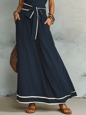 Effortless Coastal Elegance Contrast Collar Tie-Waist Maxi Dress