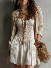 Boho Ivory Lace Corset Bustier Flowy A-Line Mini Dress
