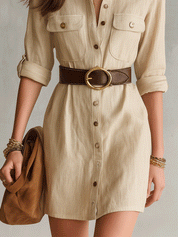 Effortless Coastal Elegance Linen Safari Button-Front Mini Dress（With A Belt）