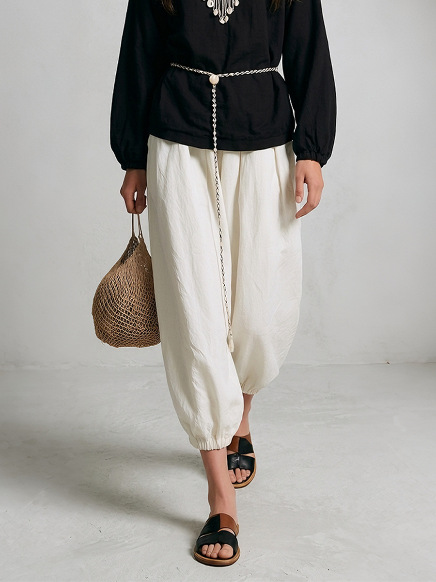 Ethnic Beaded V-Neck Blouse & Cinched-Hem Balloon Pants Set