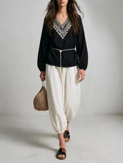 Ethnic Beaded V-Neck Blouse & Cinched-Hem Balloon Pants Set