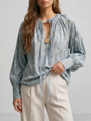 Boho Lace-Up V-Neck Balloon Sleeve Flowy Top