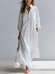 Resort Style White Cotton Ruffled Long Shirt Dress