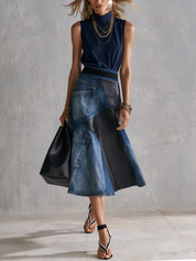 Modern Blue Top  Asymmetrical Denim Patchwork Skirt Set