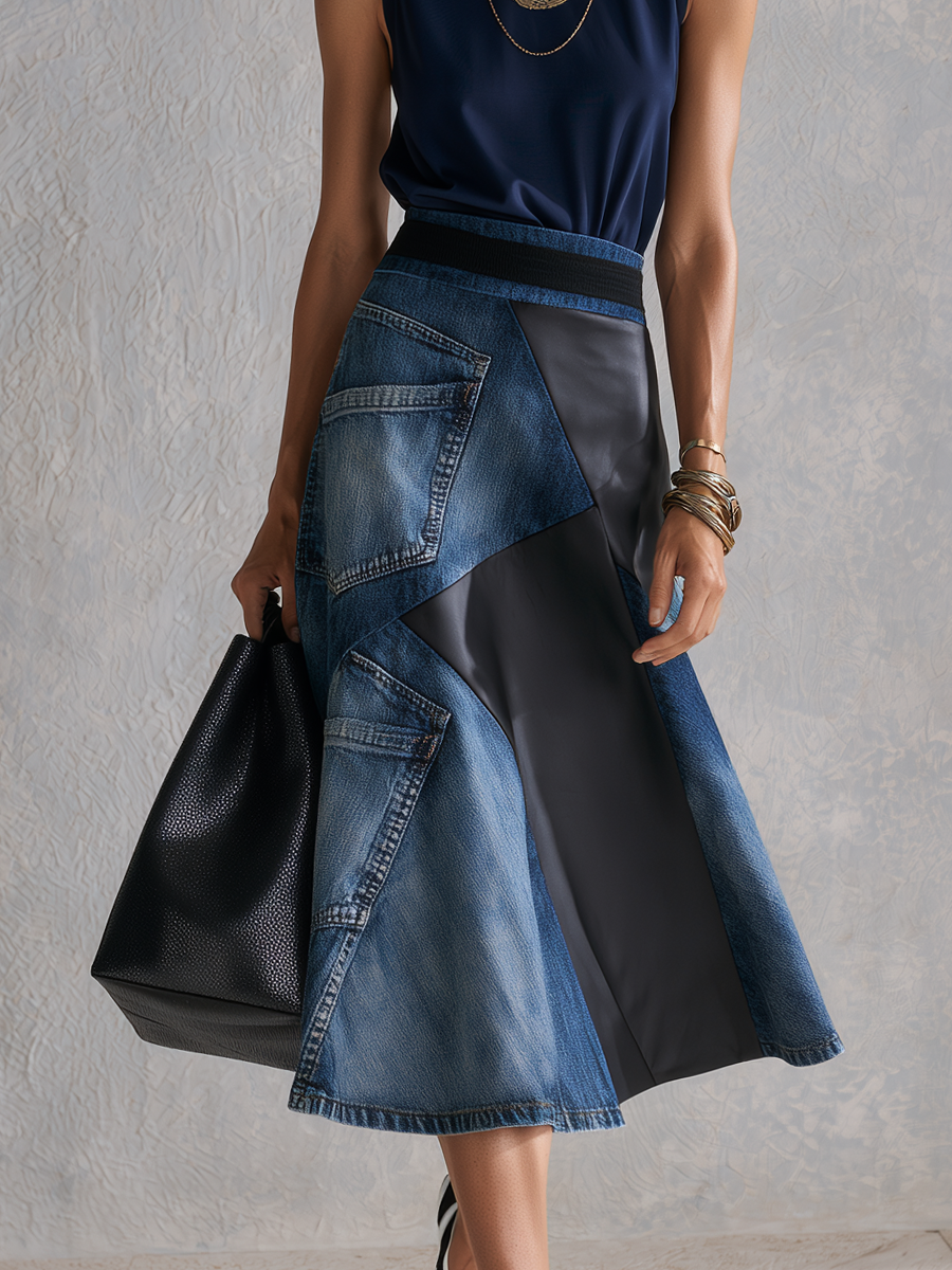 Modern Blue Top  Asymmetrical Denim Patchwork Skirt Set