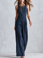 Modern Bohemian Navy Blue Pinstripe Jumpsuit