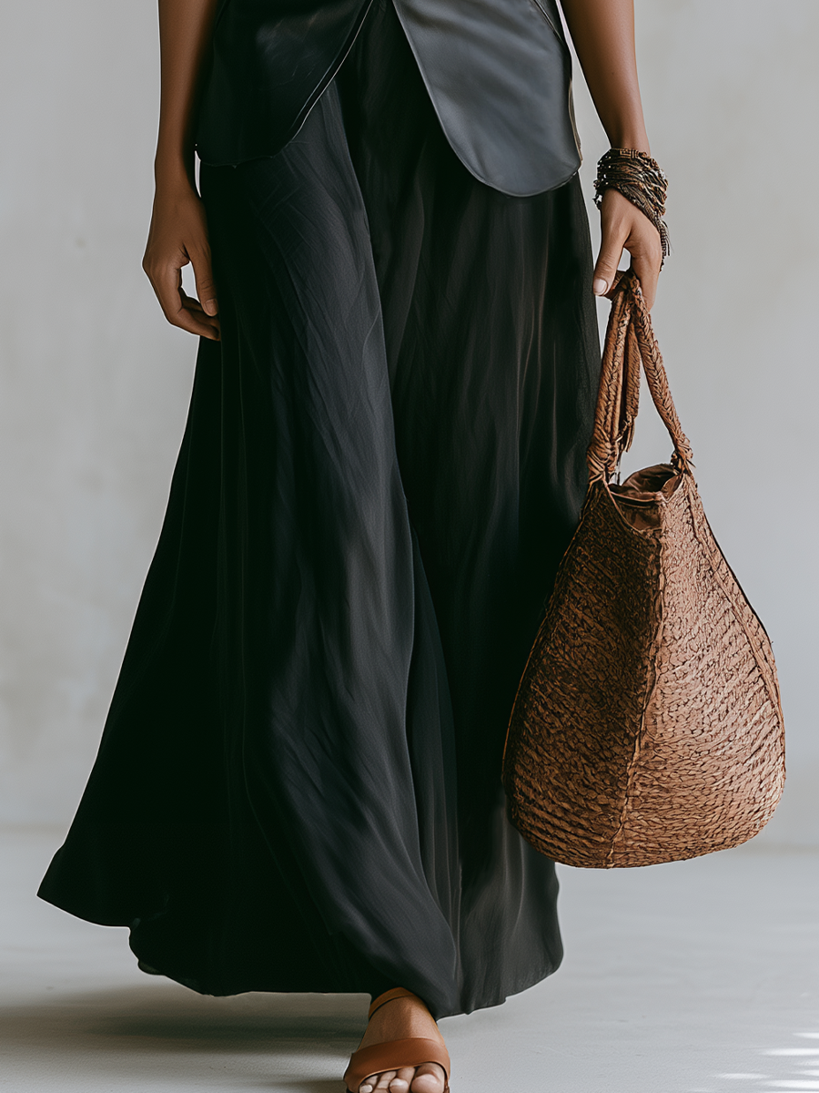 Sophisticated Black Faux Leather Skirt Set