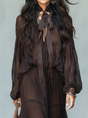 Elegant Espresso Sheer Tie-Neck Maxi Dress
