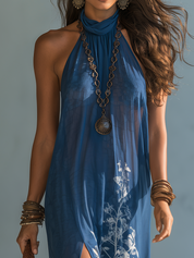 Elegant Sapphire Botanical Halter Midi Dress