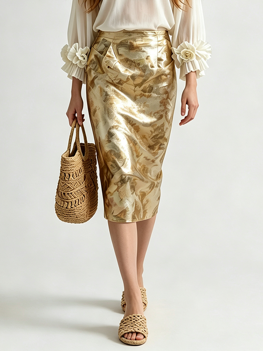 Resort Luxe Floral Appliqué Blouse With Brocade Midi Skirt