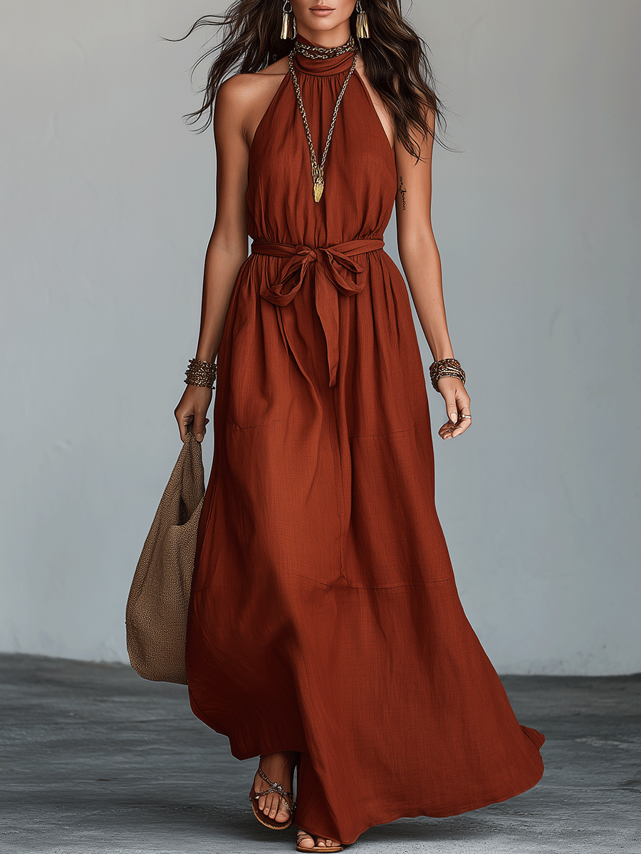 Elegant Resort Linen Sleeveless Tie-Waist Terracotta Maxi Dress