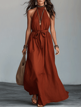Elegant Resort Linen Sleeveless Tie-Waist Terracotta Maxi Dress