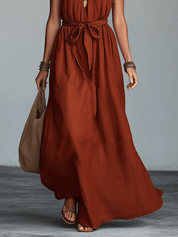 Elegant Resort Linen Sleeveless Tie-Waist Terracotta Maxi Dress