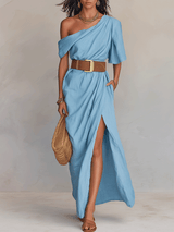 Effortless Coastal Elegance Draped Asymmetrical Linen Maxi Dress