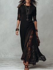 Romantic Gothic Sheer Lace Half-Sleeve Black Maxi Dress