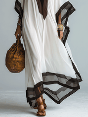 Elegant Resort Chiffon Contrast-Trim V-Neck White Kaftan Maxi Dress