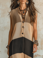 Effortless Boho Cotton-Linen Color-Block Sleeveless Khaki Maxi Dress