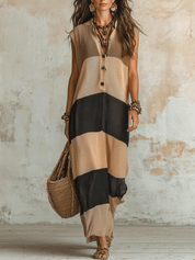 Effortless Boho Cotton-Linen Color-Block Sleeveless Khaki Maxi Dress