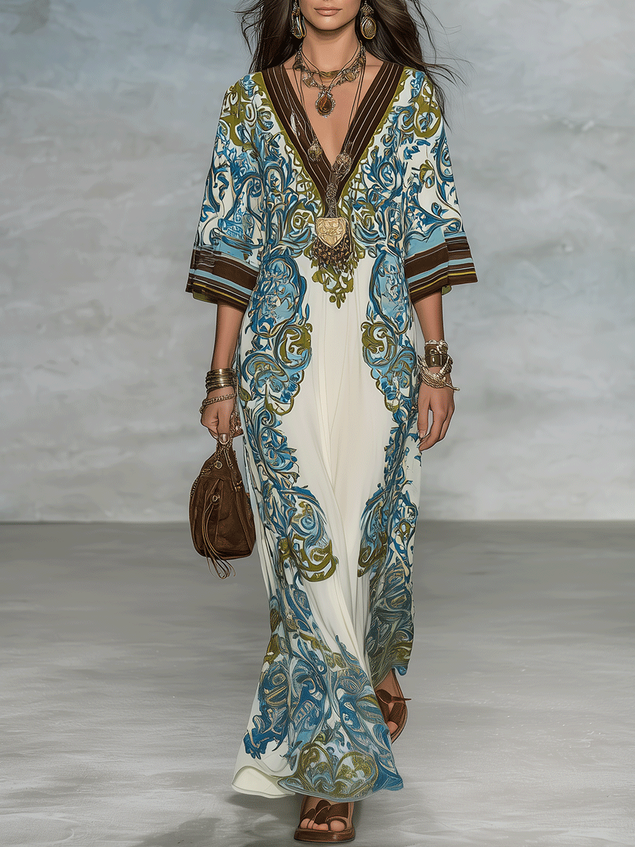 Elegant Resort Flowy Baroque-Print Deep-V Blue & Gold Maxi Dress